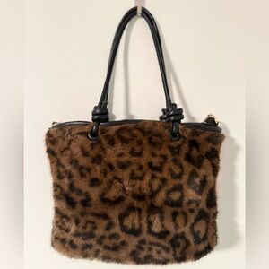 Leopard Faux Fur Mini Tote with Black Handles